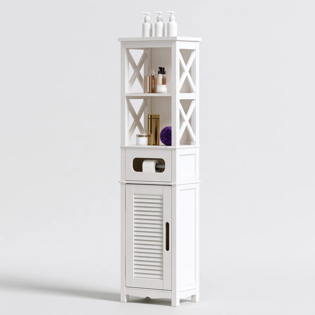 Colonne de rangement de salle de bains en bois, coloris blanc
