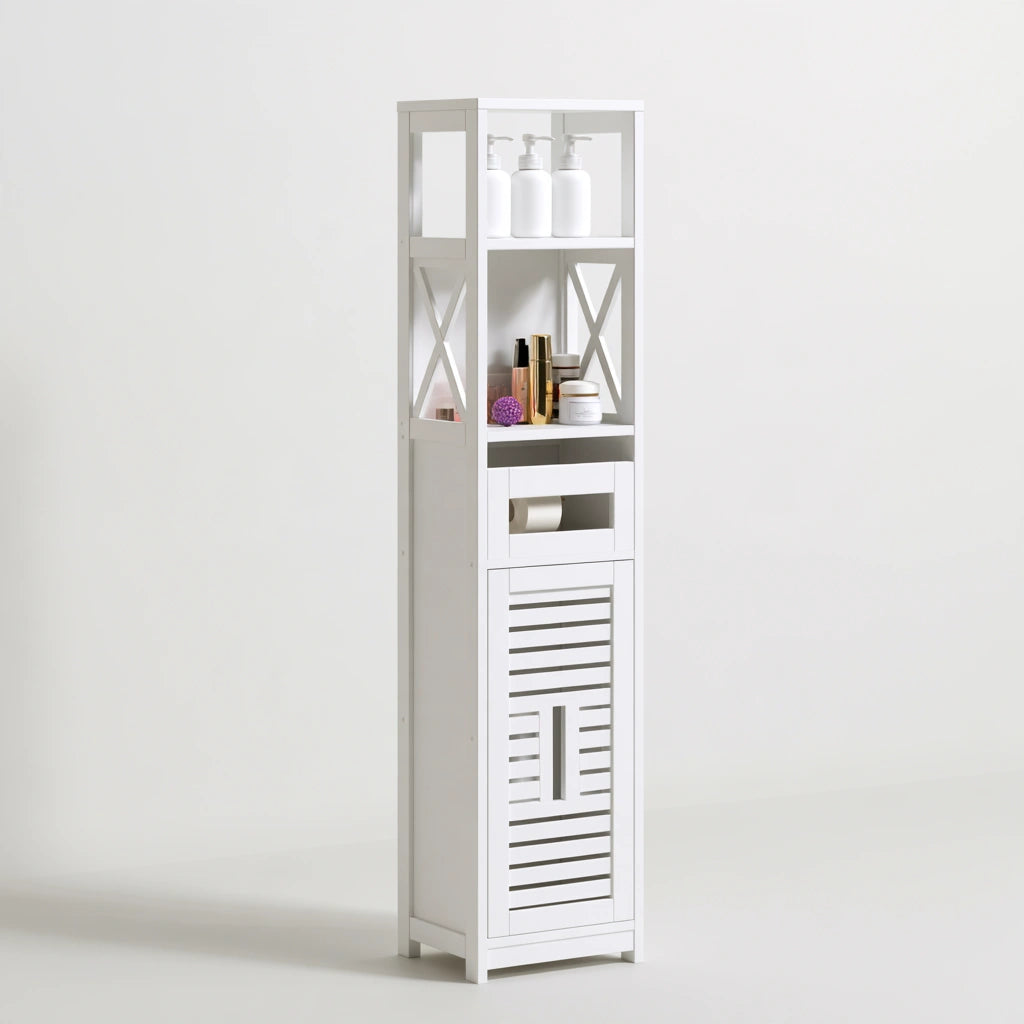 Colonne de rangement de salle de bains en bois, coloris blanc